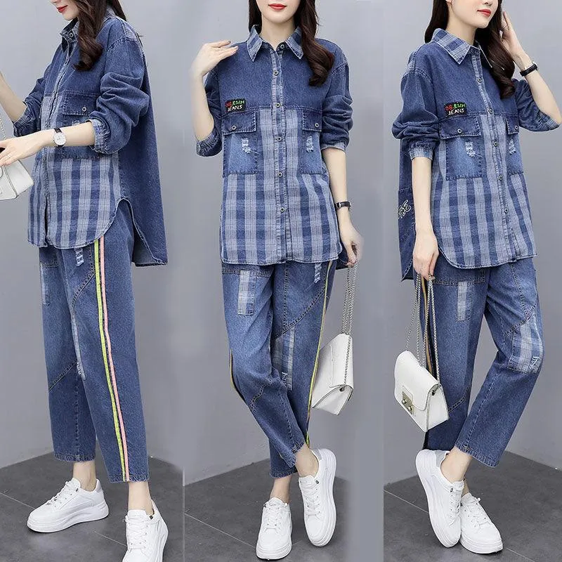 Dwuczęściowe spodnie damskie sprężyste odzież dla kobiet set i dżinsowe strój Kobieta 4xl luźne garnitury Lady Denim 2pcs E286Women's