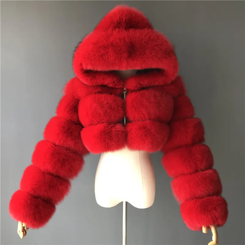 Womens Jacket Cropped Fur Faux Coats And Jackets Women Fluffy Top Coat With Hood Long Sleeve Nature Color Winter Coats Manteau Femme Designer Womean Clothing Red