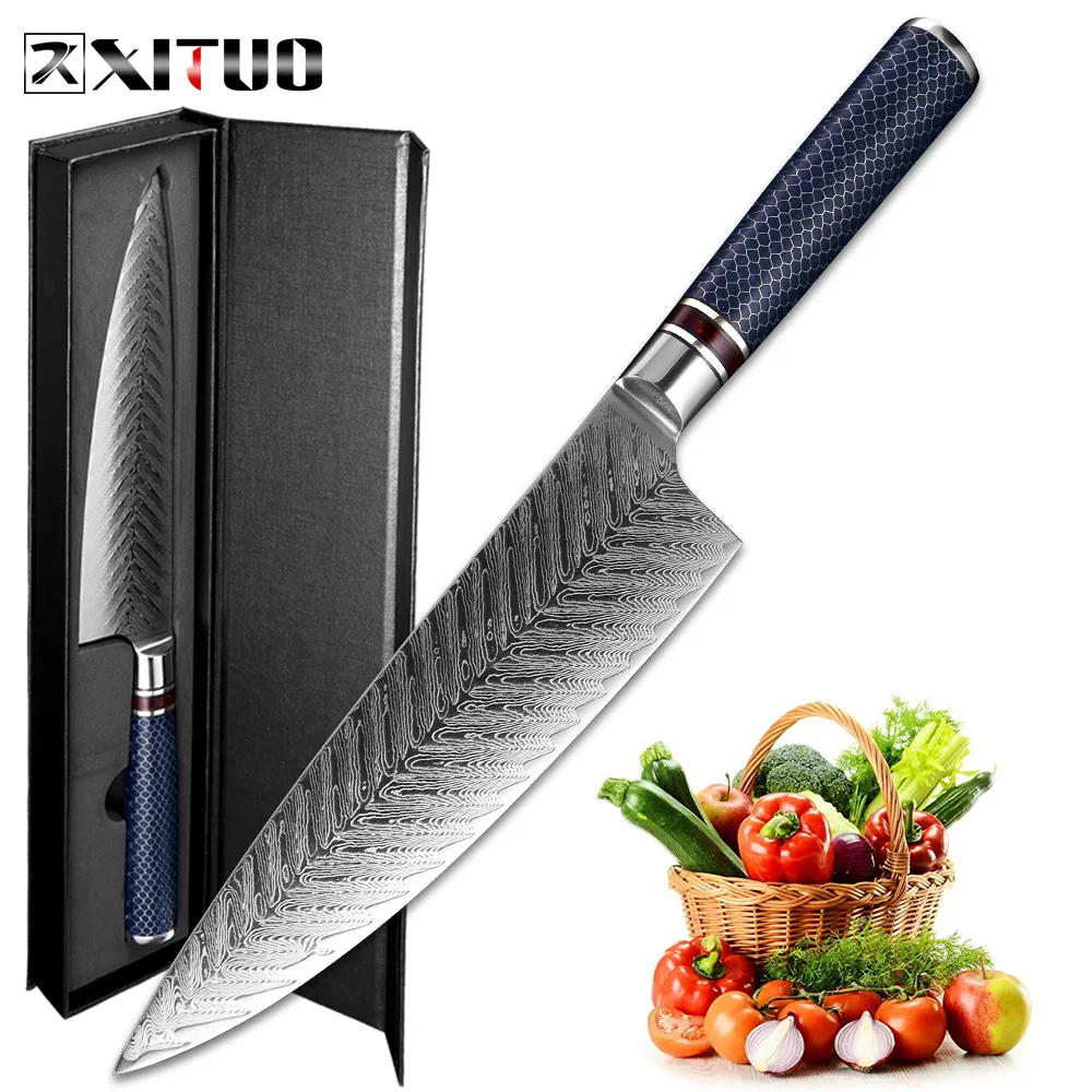 XITUO Couteau de chef Damascus Steel 8 pouces VG 10 Sharp Gyutou Utility Slicer Cleaver Knife Résine Nid d'abeille Poignée Couteaux de cuisine Nouveau