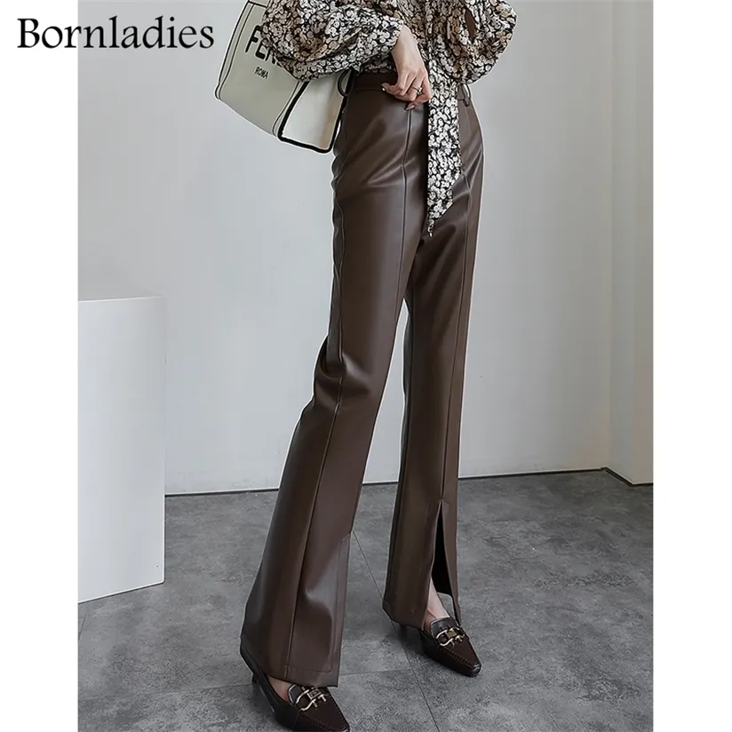 Bornladies elegante Casual Slim cuero sólido Split pantalones mujer alta cintura moda temperamento pantalón para mujer otoño estilo 220325