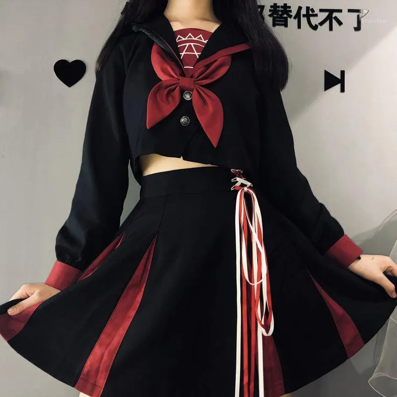 التنانير اليابانية عالية الخصر مصغرة تنورة مطوية امرأة أسود بريبي على غرار القميص الجمالي الداكن الجنية الجرونج البديل اثنين من قطعتين alctionesskirts
