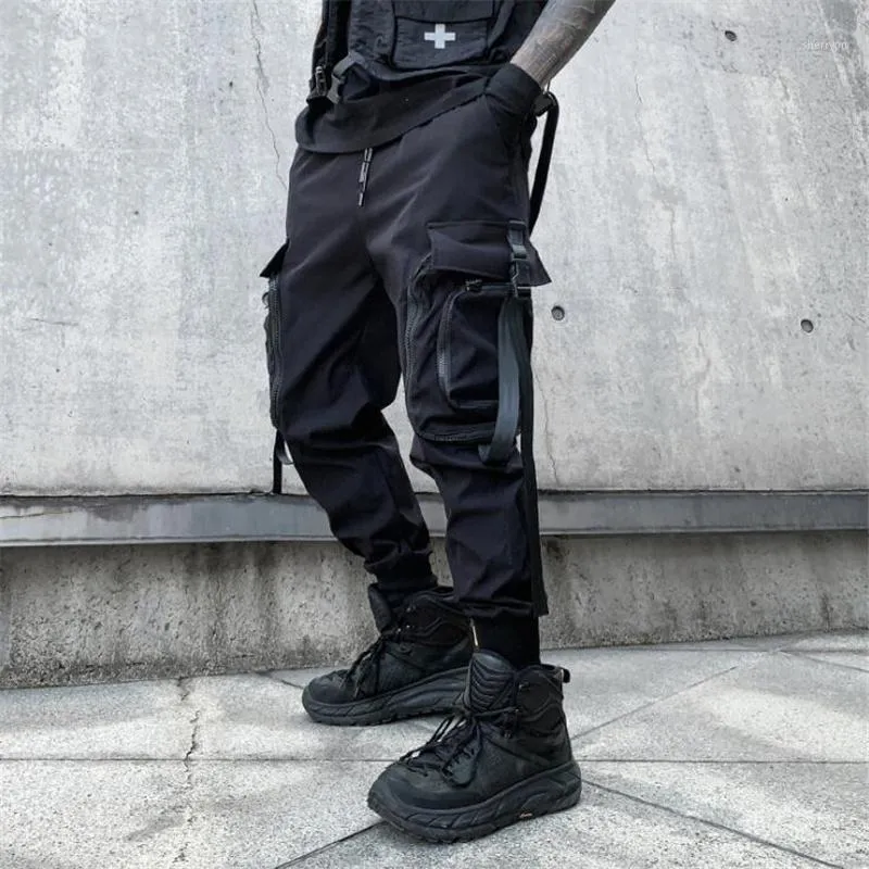 Calça masculina 2022 fitas de outono da primavera fivela de fivela de carga casual homem Hip Hop Techwear Jogadores Janecas de moda japonesas Streetwear