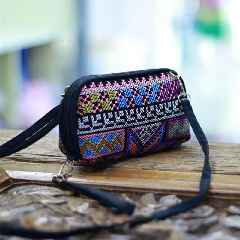 Evening Bags Women Shoulder Bag Travel Pouch Vintage Geometric Patterns Embroidered Wallet Crossbody Zip Clutch Mobile Phone BagEvening