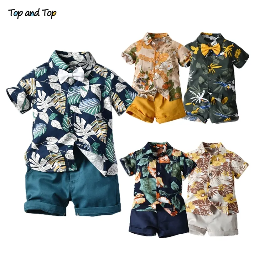 Topp och hawai pojke kläder set sommar mode blommig kortärmad bowtie skjorta   shorts casual kläder gentleman 2pcs kostym 220419