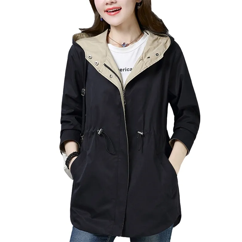 Primavera otoño mujer rompevientos largo 2019 nueva chaqueta con capucha talla grande moda Casual elegante abrigo corto chaqueta femenina prendas de vestir T200828