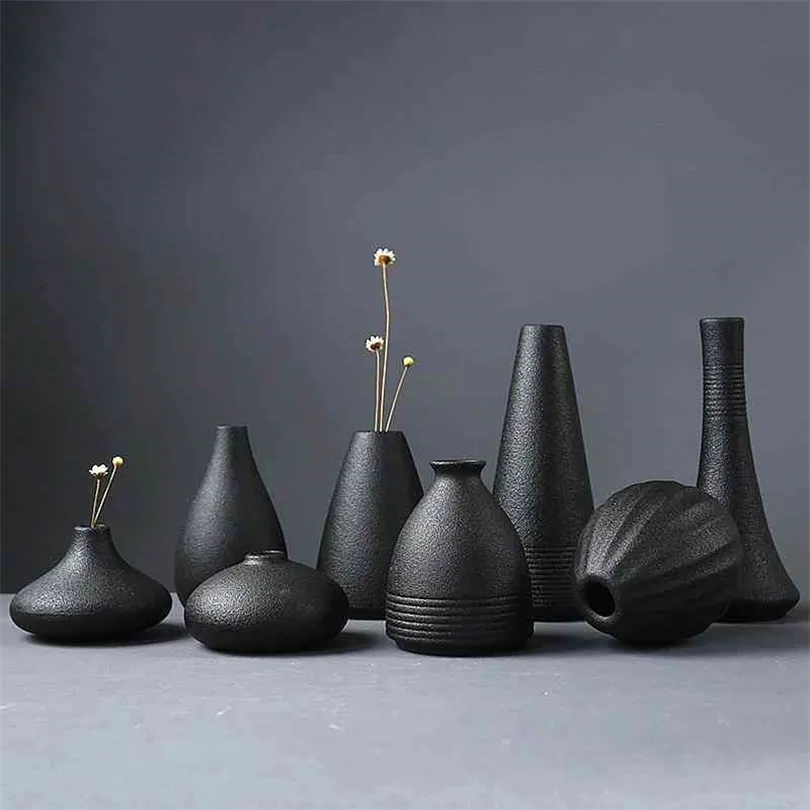 Vendita calda New Modern Black Ceramica Disposizione dei fiori Vaso piccolo Decorazione domestica Vaso piccolo Ornamento da tavolo Artigianato 210409