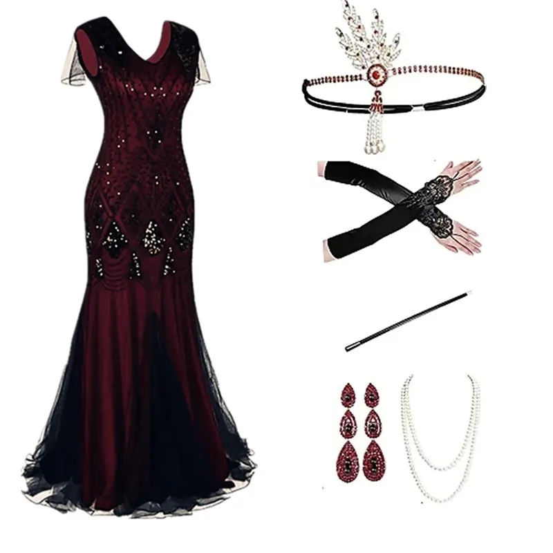 1920er Jahre Gatsby Pailletten Flapper Kleid Party Bühnenkleidung mit 20er Jahre Accessoires Stirnband Handschuhe Ohrringe Perlenkette Zigarettenspitze Set Plus Size