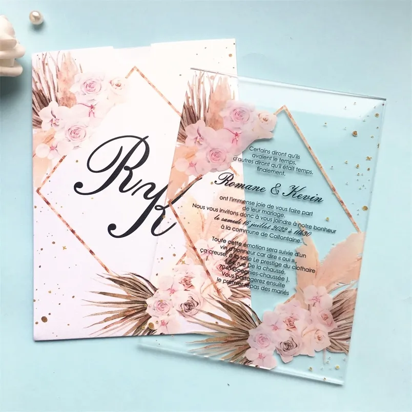 Pocket Flower Lop Fancy Elegant Wedding Invitation Cards Acrylic Marriage Inbjudan Anpassad modell 220707