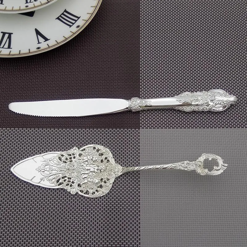 Set di stoviglie 9,25 '' Torta nuziale in argento Set da servizio Piccolo coltello a pala Barocco Decorazione per feste Compleanno Argenteria Regalo di Natale