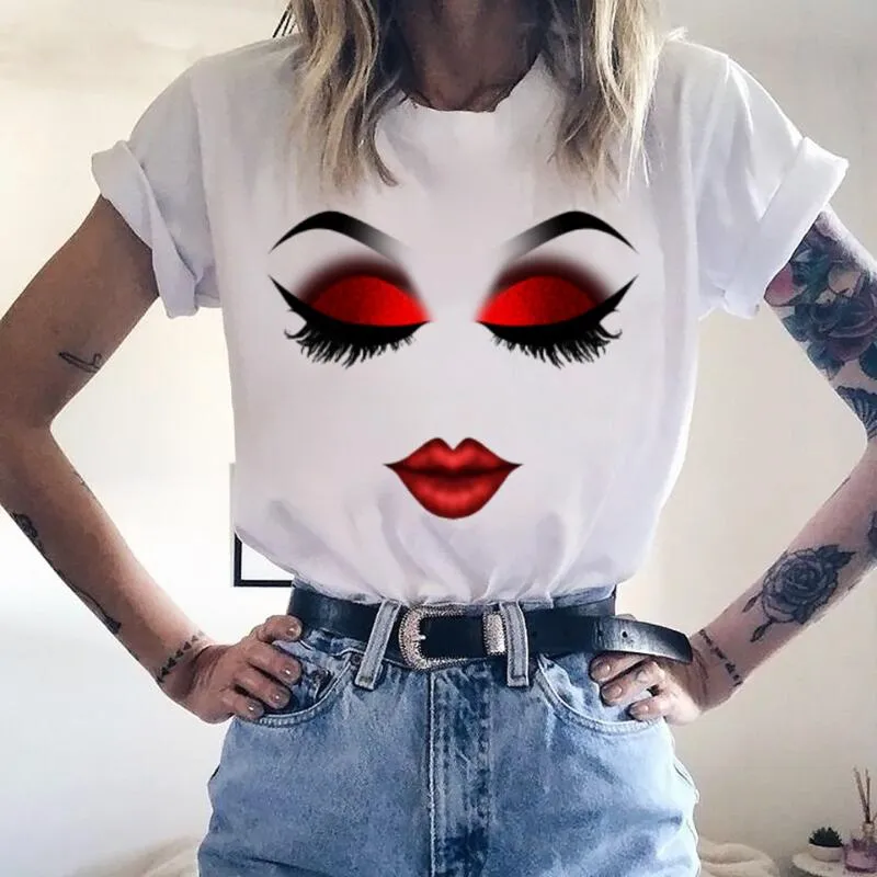 T-shirt feminino Mulheres enfrentam maquiagem Red Lip Prints Girls T Shirts Harajuku Casual Casual Tshirt Femme Graphic Hipster Vintage Tee coreana