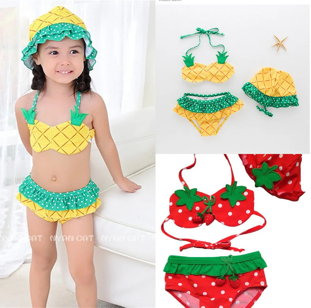 Pinapple 딸기 스타일 비키니와 모자 3 피스 수영복 소녀를위한 귀여운 만화 수영복 아기 Friut Bikinis 양동이 모자 Sunhats 해변 수영장 천을 복장 T30WB2I