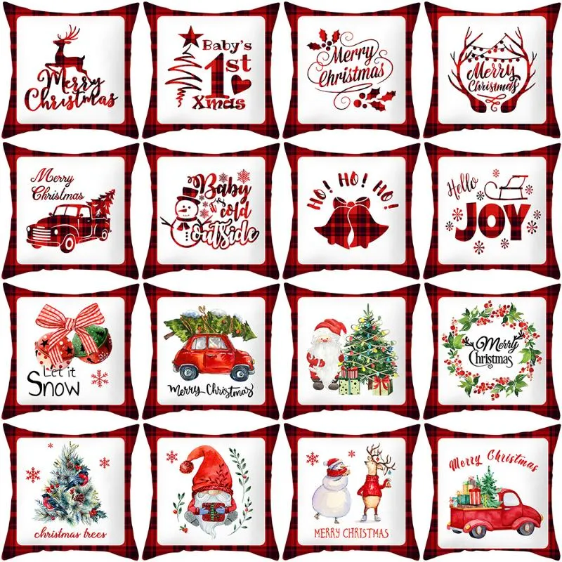 Coussin / Oreiller Décoratif Joyeux Noël Décor À La Maison Housse De Coussin Père Noël Elk Lettre De Voiture Rouge Imprimé Taie D'oreiller Plaid Festival DecorationsCus