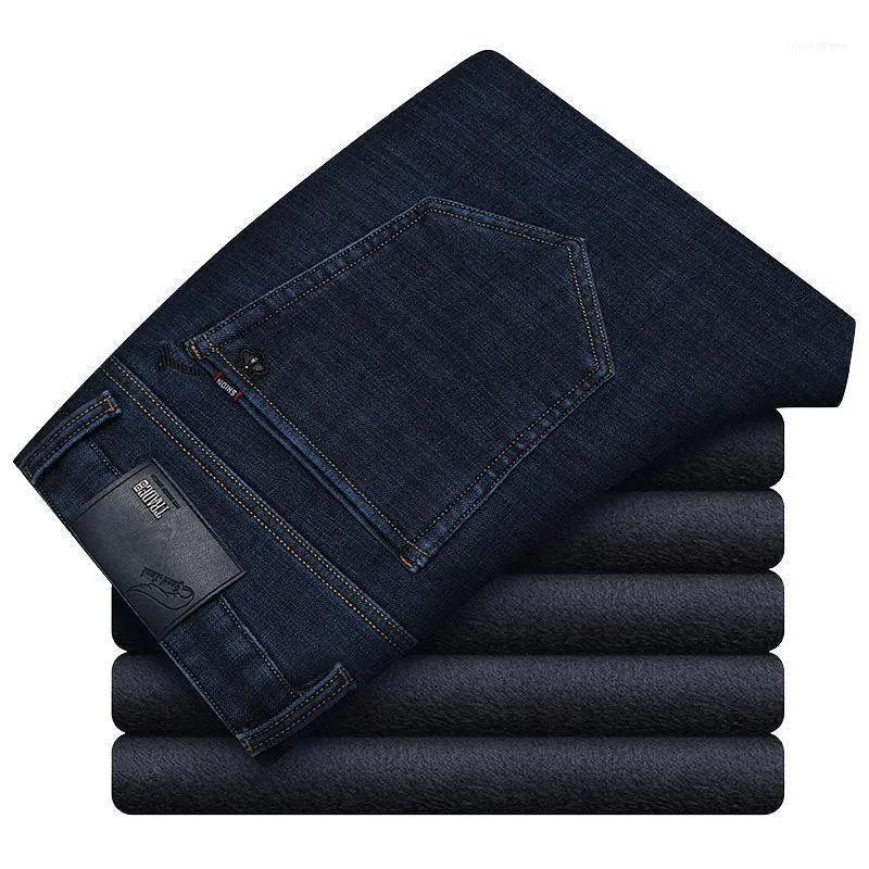 Męskie Dżinsy Zimowe Polar Baggy Biznes Proste Grube Ciepłe Dżinsowe Spodnie Stretch Black Blue Spodnie Męskie Odzież Vintage