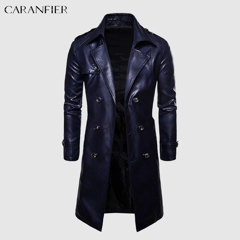 CARANFIER Mens PU Giacche in pelle da uomo Cappotto lungo da uomo Trench coat British doppio petto Risvolto Giacca a vento chaquetas hombre 220816