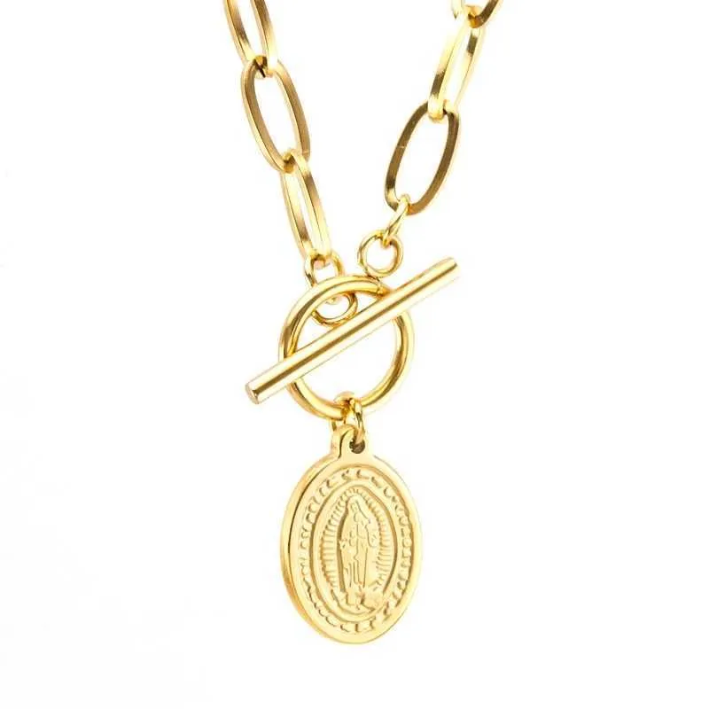 Stainless Steel Virgin Mary Coin Toggle Necklace For Women Gold Silver Color Metal Chunky Chain Choker