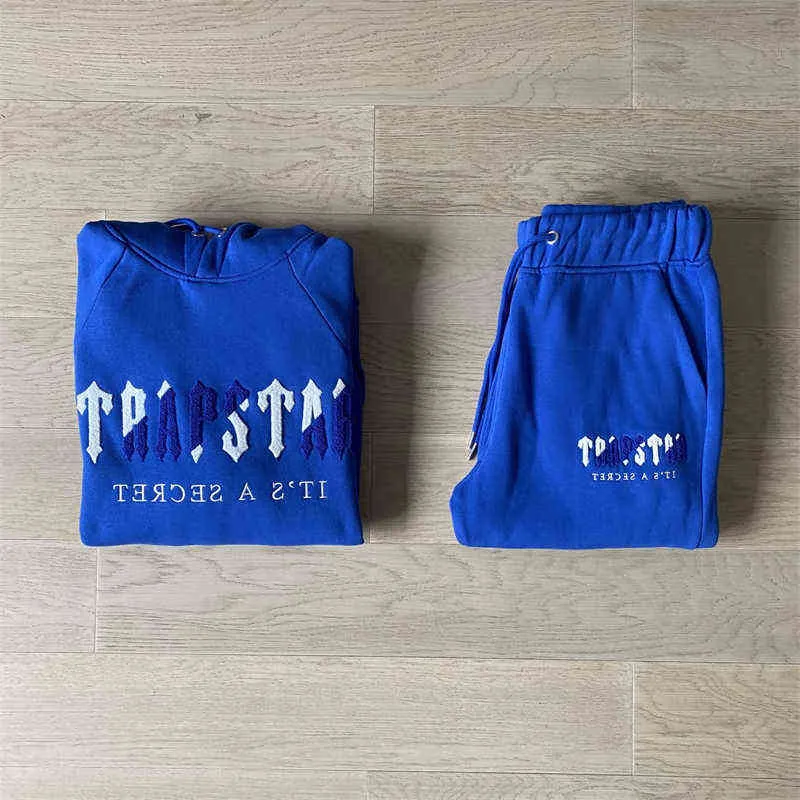 Trapstar Man Set Chenille avkodad Hooded Tracksuit Bright Dazzling Blue/White Top Quality Embroidered Woman Suit Size XS-XXL