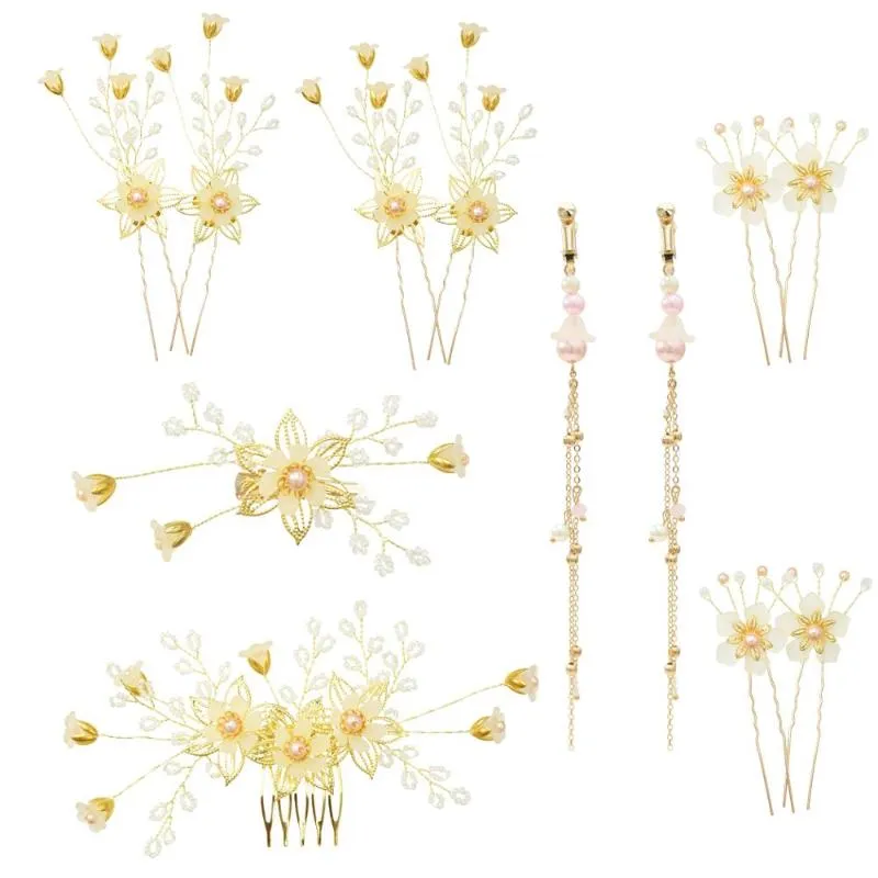Hårklämmor Barrettes Luxury Pearl Gold Flower Hairpins Combs Wedding Acessory Long Tassel Clip on Earrings Bridal Head Jewelryhair