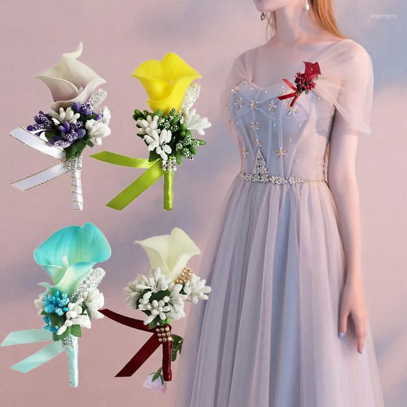 Pins Broschen Hochzeit Calla Lily Corsage Künstliche Blume Brosche Bouquet Boutonniere Clip für Brautweiß Seau22