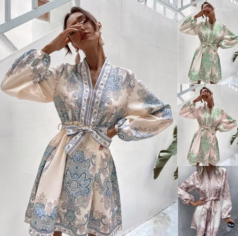 Sukienki na co dzień 2022 jesienno-zimowa niezależna stacja Amazon handel zagraniczny moda zasznurować drukowana sukienka z długimi rękawami