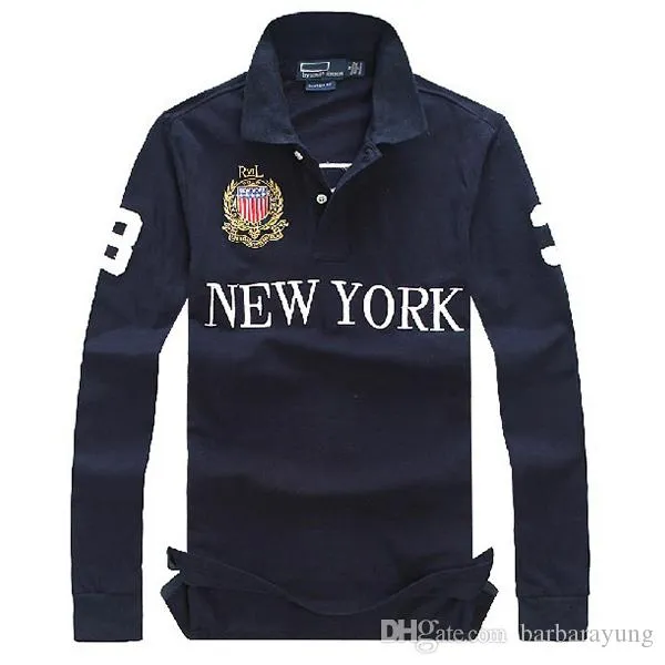 High quality Men's Polos embroidery City custom fit long sleeve t shirt 100% Cotton NAVY blue Red green XL XXL tee 4XL 5XL