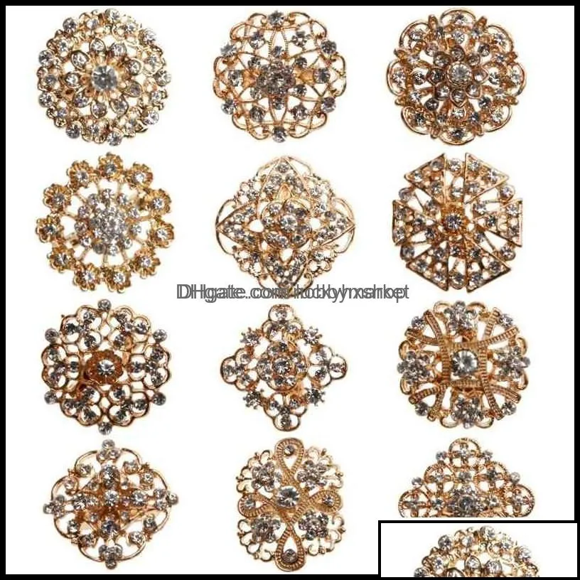 Pins Broschen Schmuck 24 Stücke Klar Kristall Strass Frauen Braut Gold Brosche Für DIY Hochzeit Bouquet Kit Dhcdn