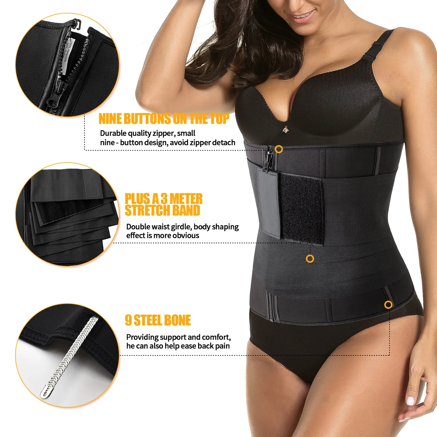 Comfrotable & Durable Neoprene Waist Trimmer Corset + Abdomen Wrap Workout Sauna Sweat Suit Slimming Girdle 9 Steel Bones Firm Tummy Control Shapewear