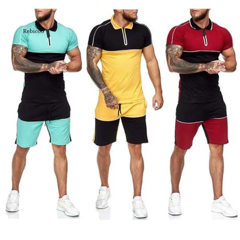 Herrspårar Mens Korta spårdräkt Set Colorblock 2 -delad tröjor Manliga uppsättningar Summer Casual Clothing Lapel Shirt and Shorts Sweat Suitmen Surmän