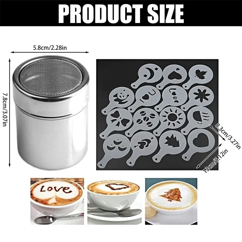 thumbnail image 2 of Flour Duster 2-Pack Stainless Steel Powder Shakers With 16 Stencils - For Coffee, Cocoa & Cinnamon Cinnamon Sugar Shaker With Lid 2 of 13