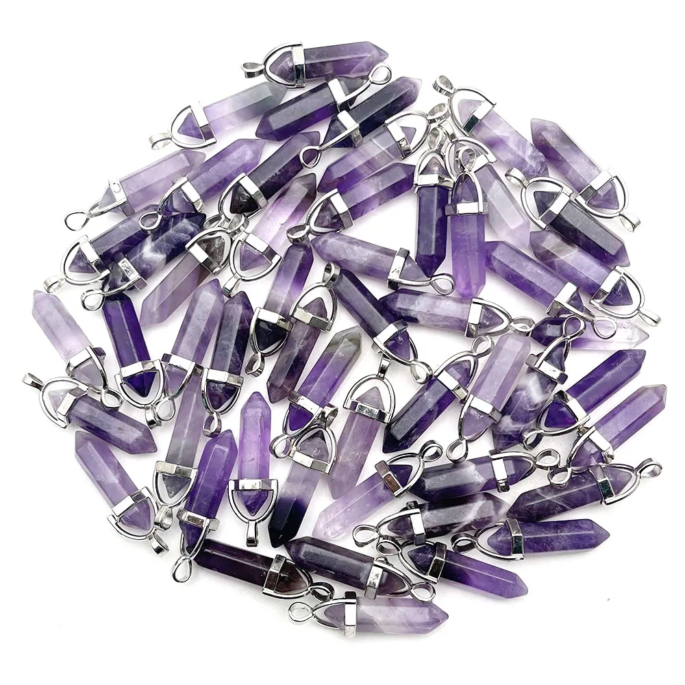 Amethyst Natural Stone Charms Crystal Pillar Pendulum Pendants Halsband för att göra smycken