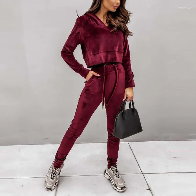 Kvinnor Winter Solid Color Suede Tracksuits Ladies Two Piece Hoodie Sweatshirt Long Pants Sports Suit Casual Gym Clothing #3