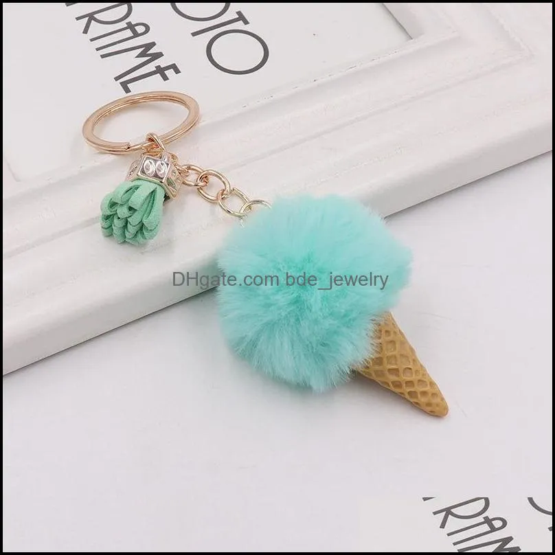 ice cream keychain cute bag cartoon key rings imitation rex rabbit fur plush pendant cone car hair ball bag accessories keychains