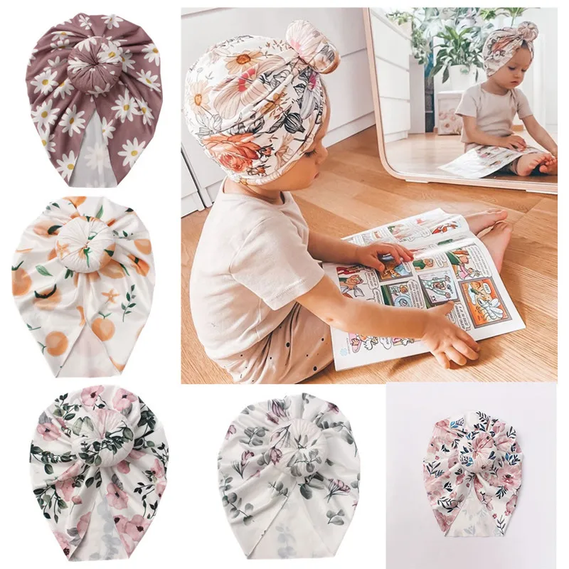 Flower Print Baby Indian Turban Hat Cute Knot Boys Girls Cap Głowa Głowa Soft Noworodka Kucha Królowa Kapelusz HAT PASTELA 0-1Y DE622