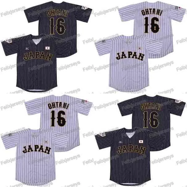 Xflsp 16 Shohei Ohtani Japon Samurai Noir Blanc Stripe Pinstriped Film Baseball Jersey Double Cousu Nom et Numéro Expédition Rapide