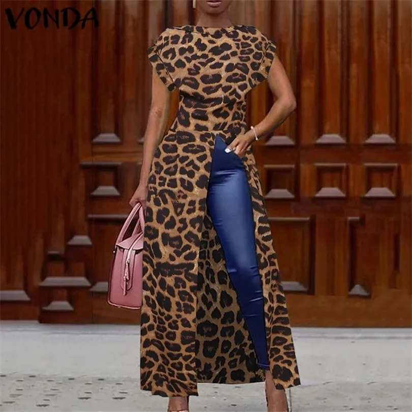 Camicetta leopardata Donna Tunica VONDA Summer Tops Vintage Camicie lunghe Office Holiday Split Hem Party Tops Plus Size Blusa T200320