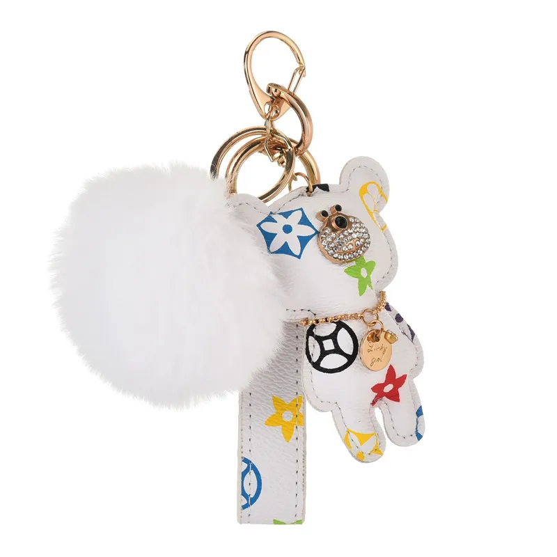 Cat Bear Pompom nyckelkedjan tillbehör Fashion Rhinestone Key Ring Pu Leather Teddy Car Keychain Buckle Jewelry Bag Charm Animal Ke297z