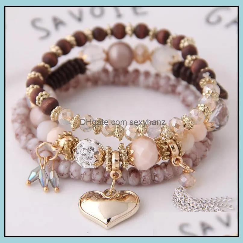 3pcs/set Multilayer Stretch Stackable Heart Tassel Bracelets Bohemian Beaded Bracelet for Women Jewelry 6 Colors