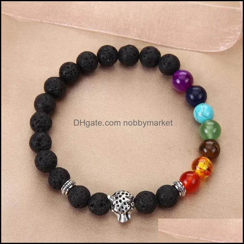 Chakras Lava Rock Stone Bead Elastic Bracelet For Men Women Natural Metal Animal Head Fatima Hand Yoga Bangle Jewelry Beaded, Strands