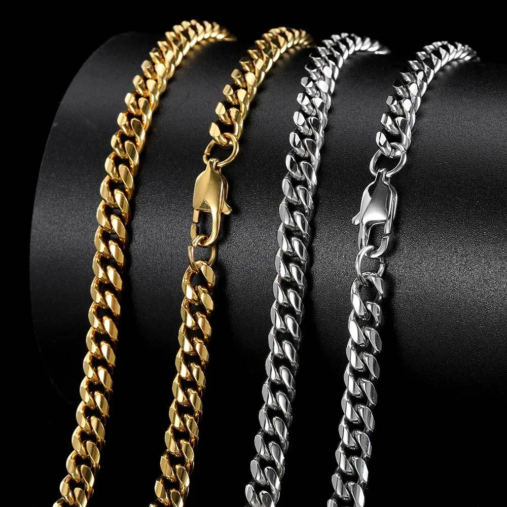 Hip Hop Cuban Link Chain Necklace 18K Real Gold Plated Stainless Steel Metal Necklace for Men 4mm 6mm 8mm