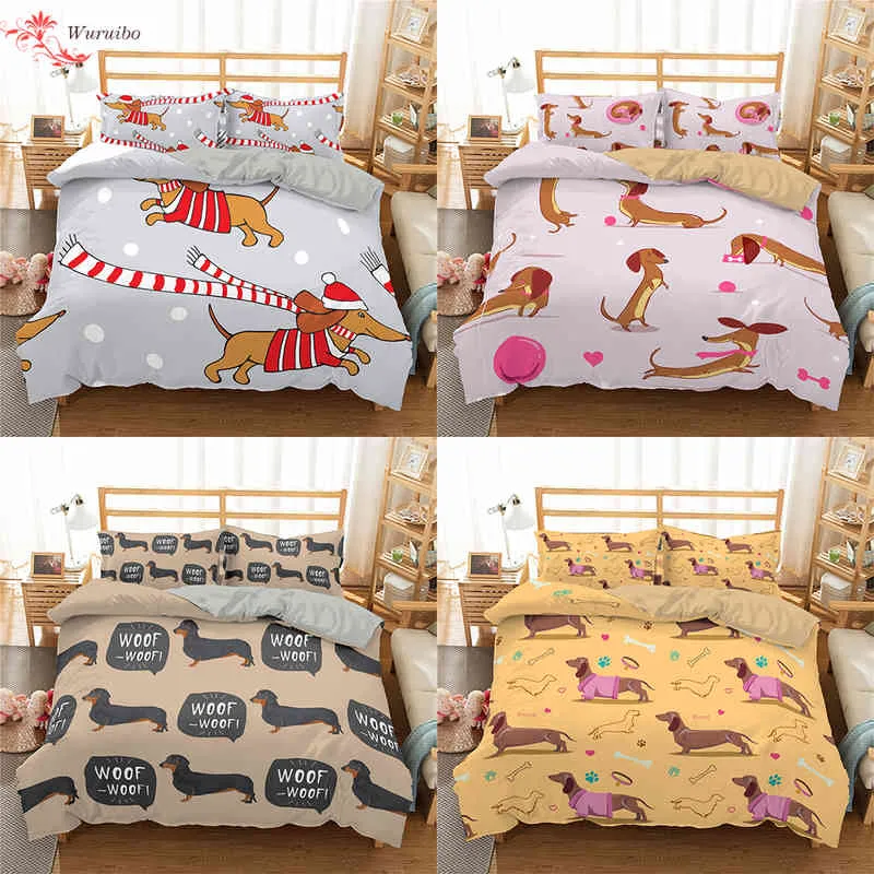 Homesky Cute Dachshund korvtryck sängkläder set tecknad hund valp täcke cover king drottning singel 2/3 st säng set hem textilier