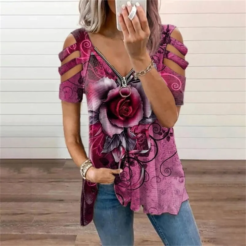 느슨한 캐주얼 인쇄 로즈 티셔츠 최고 여름 여름 여성 단점 V- 넥 패션 트렌드 셔츠 플러스 크기 220511