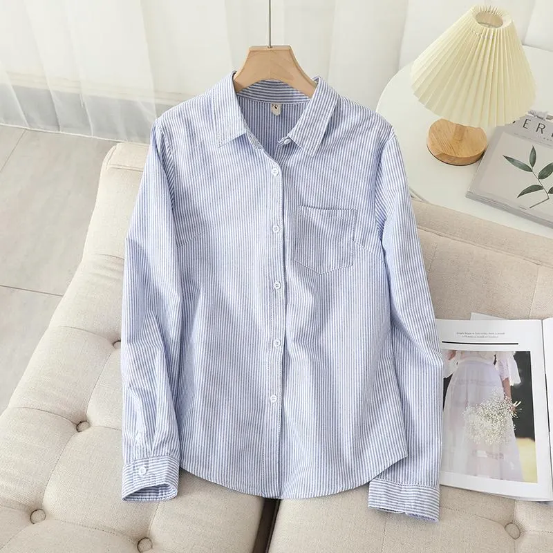 Women's Blouses & Shirts Brand Women's Cotton Oxford Shirt 2022 Autumn Woman Beautiful Casual Tops And Blouse Lady White Blue Striped Cl