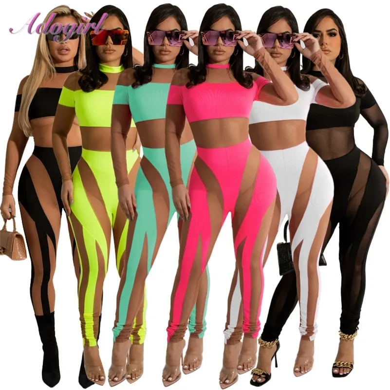 Sexy Sheer Mesh Jumpsuits Dames Party Club Outfit Overalls Zomer Neon Kleur Patchwork Lange Mouwen See Through Rompertjes Fitness 220714