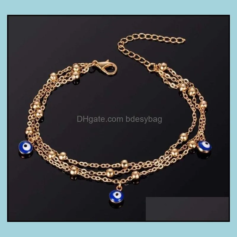 Fashion Three Layer Chain Blue Eye Bead Anklet Turkey Evil Eyes Anklet for Women