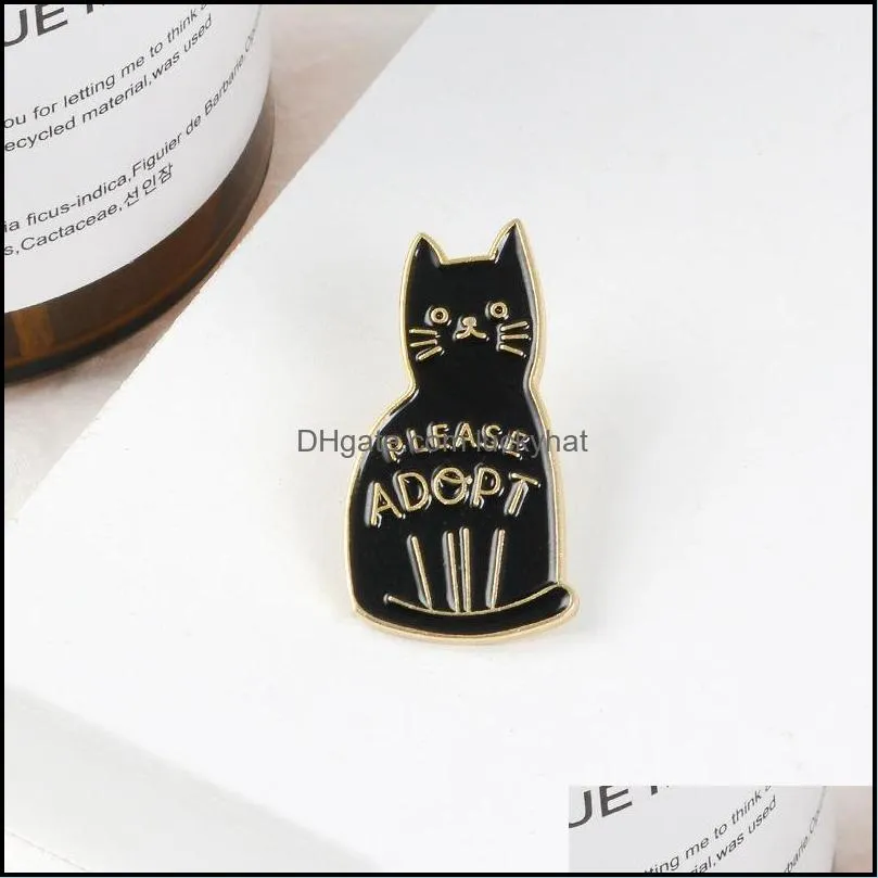 Black Enamel Cat Brooches Button Pins for clothes bag Please Adopt The Badge Of Cartoon Animal Jewelry Gift for friends C3