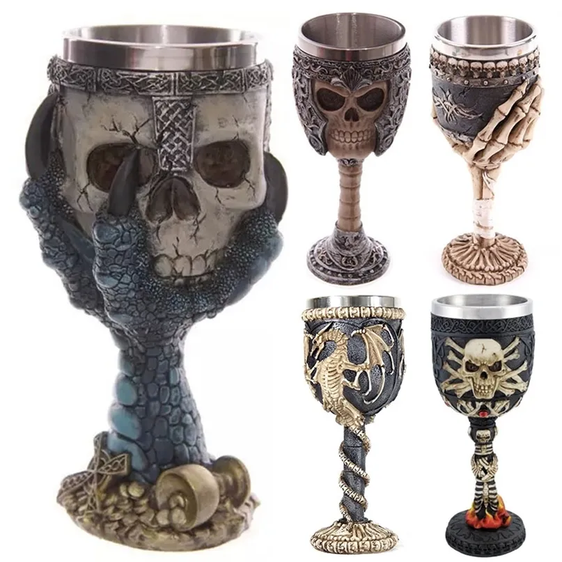 3D Gothic rostfritt stål Creative Skull Water Cup Dragon Skeleton Design för Bar Party Home Stein Goblet Mug Halloween Gifts 220727