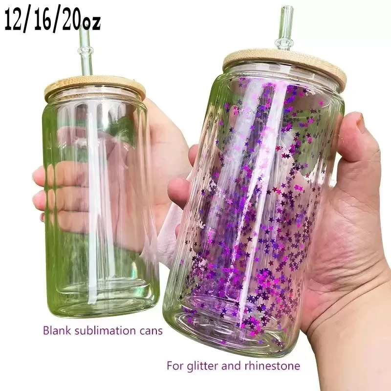 US Stock 12oz 16oz 20oz Subliamtion Double Wall Glass Can Glitter Blank Glass Tumbler with Bamboo Lids Beer Juice Glasses Cup