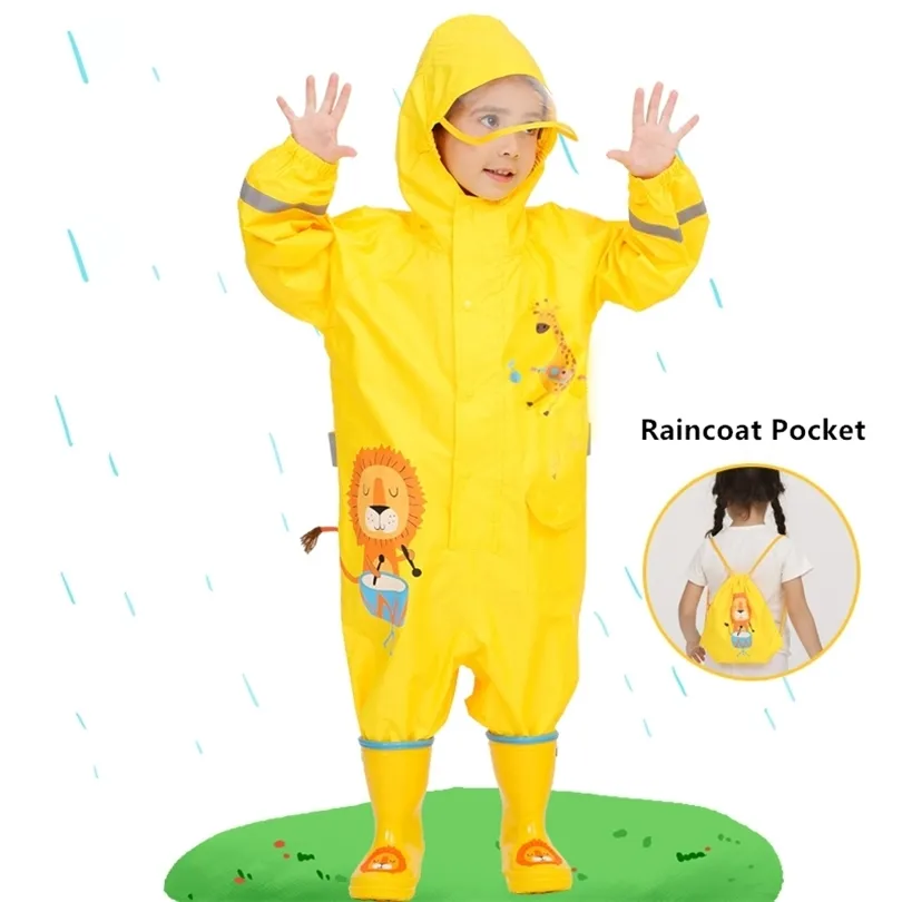 1-10 år gamla barn regnrock barn pojkar flickor vattentät jumpsuit huva tecknad dinosaurie baby regnkläder och byxor 220427