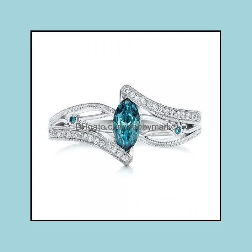 Wedding Rings Luxury Female Blue Zircon Stone Ring Charm Silver Color Engagement Classic Crystal Leaf For Women