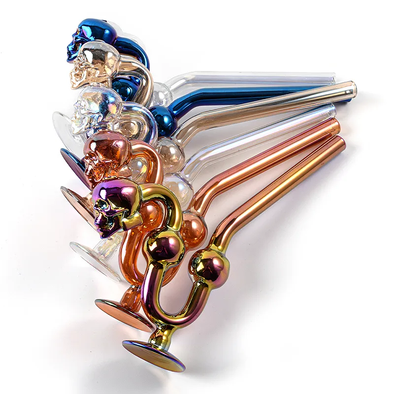 Crâne Coloré Unique Galvanoplastie 5mm Tuyaux De Brûleur À Huile En Verre Accessoires De Fumer Pour Narguilés Pyrex Poignée Tuyaux De Tabac Cire Dab Rig SW136