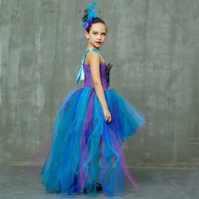 Peacock Tutu Costume Dress Child Girls Pageant Prom Ball Gown Princess Peacock Feather Halloween Birthday Party Train Dress (3)
